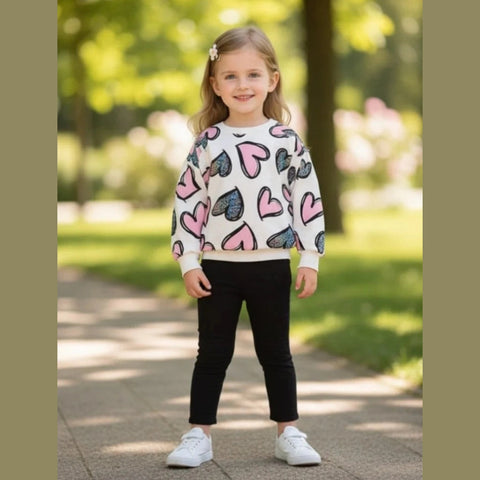 White With Pink And Black Hearts Little Trendsetter Stylish Kids Winter Tracksuit