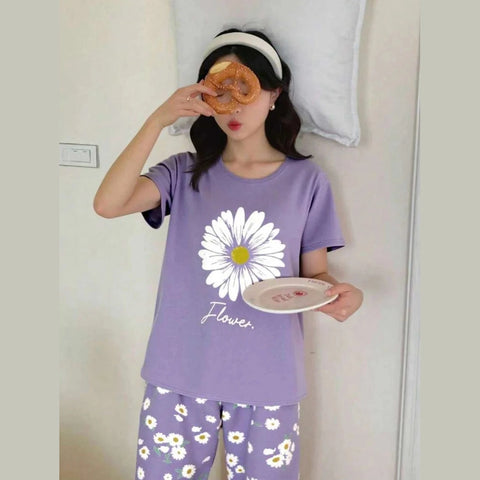 Lilac Sun Flowers Printed Half Sleeves Night Suit The Ultimate Dream Wear Sleep Suit