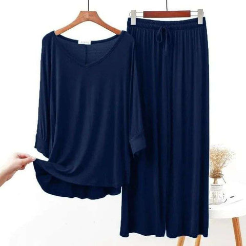 Plain Blue V Neck with Palazzo Style Pajama Full Sleeves Suit