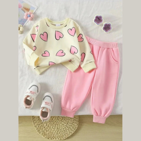 Beige with Pink Heart Cozy Tracksuit